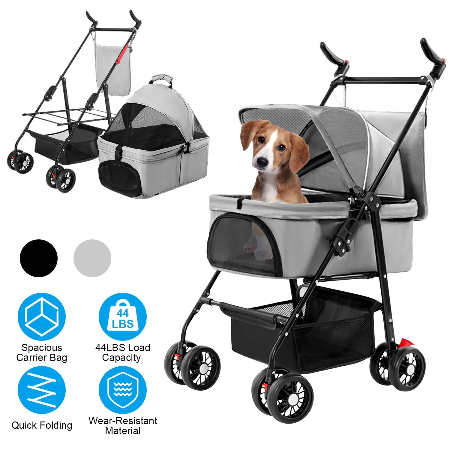iMounTEK Pet Dog Stroller, 3 in 1 Folding Cat Dog Stroller with Detachable Carrier & Storage Basket, 4 Wheels Travel Stroller for Puppies, Doggies, Kitties, Grey