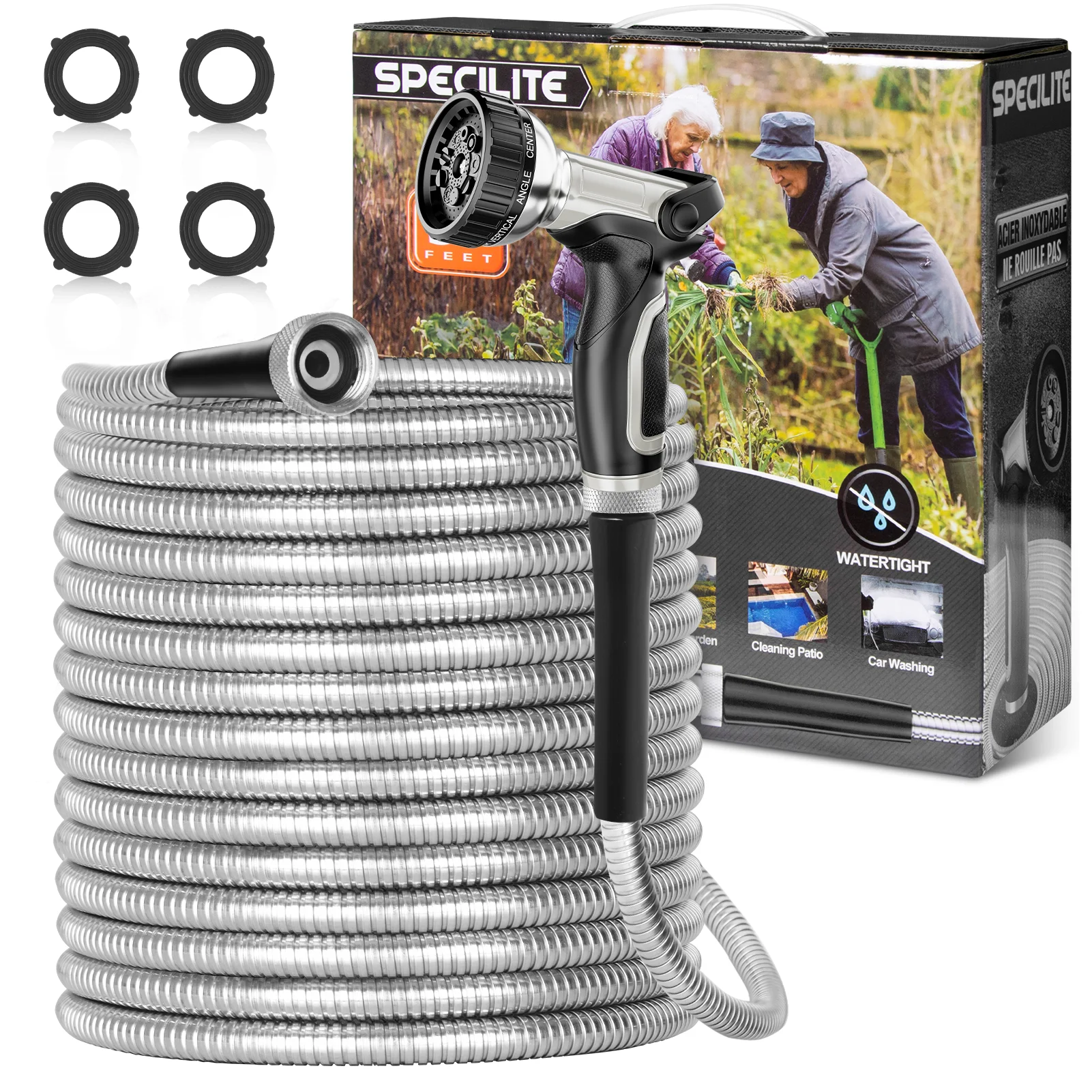 SPECILITE 100ft 304 Stainless Steel Garden Hose Metal, Heavy Duty Water Hoses with Nozzle for Yard, Outdoor - Flexible, Never Kink & Tangle, Puncture Resistant