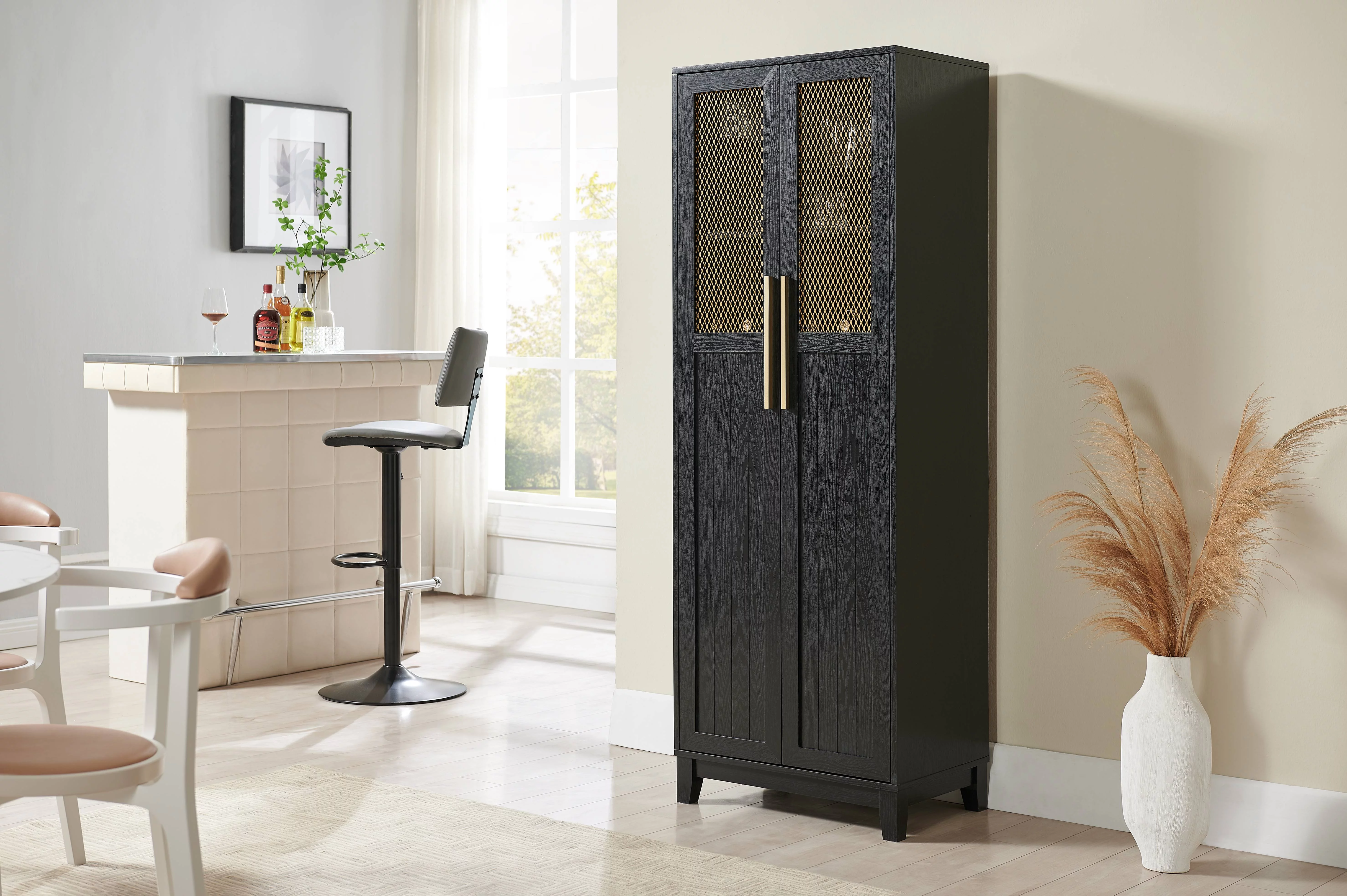 Home Source 2-Door Bar Cabinet with Gold Mesh Display Black Finish