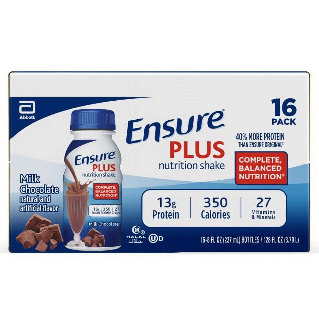 Ensure Plus Nutrition Shake with 13 grams of high-quality protein, Meal Replacement Shakes, Milk Chocolate, 8 fl oz, 16 count | 2 Packs - 32 count total