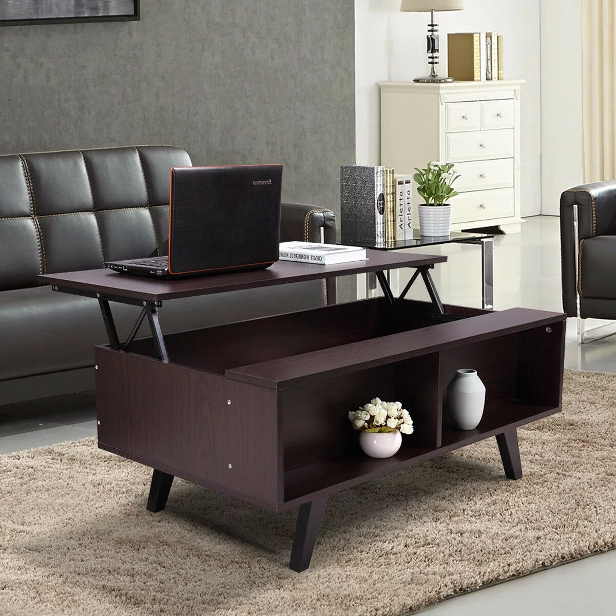 Veryke Lift Top Coffee Table, Wood and Metal Frame Hidden Storage Compartment for Home Living Room
