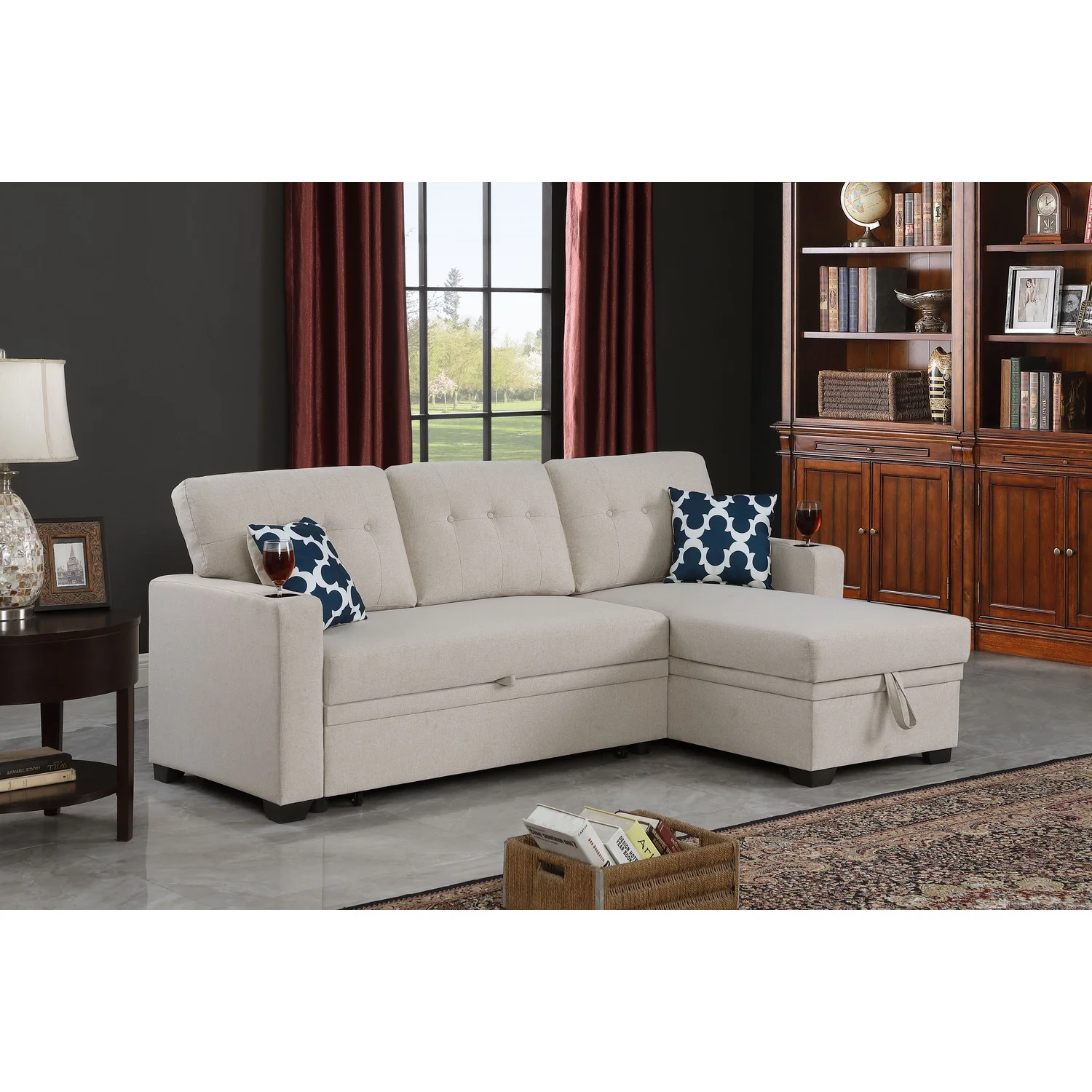 Devion Furniture Reversible Fabric Sleeper Sofa Bed & Chaise with Cup Holder-Beige