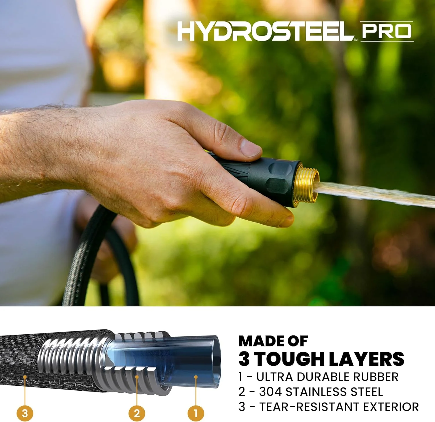 HYDROSTEEL PRO 3-Layer 100 Ft Garden Hose with Nozzle, Water Hose 100Ft