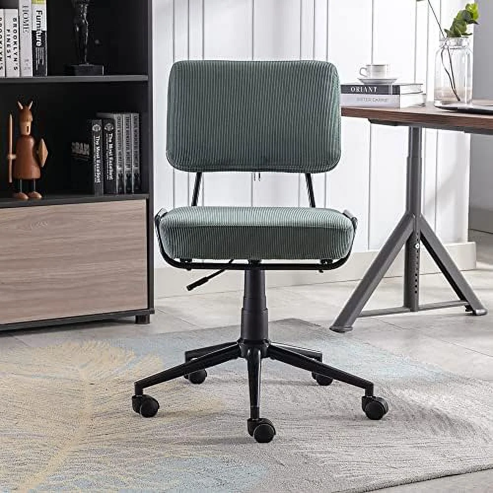 TJCGDTY Corduroy Low Back Desk Chair Task Chair Home Office Chair Adjustable Height Armless Swivel Rolling Chair with Wheels for Adults Teens Bedroom Study Room Green