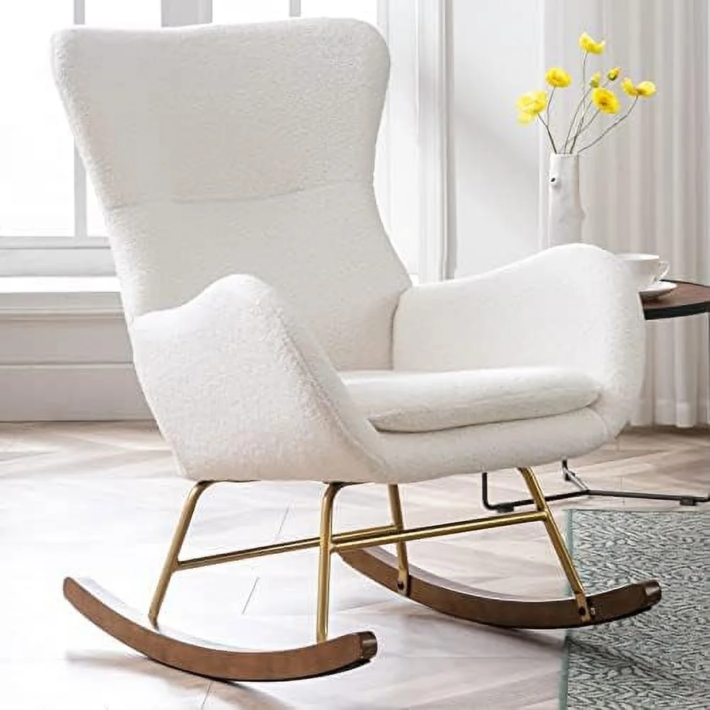 SQFGHB Velvet Upholstered Rocking Glider Chair for Nursery Comfy Accent Chairs Mid Century Modern Side Rocker Chair with High Backrest for Living Room/Bedroom  Velvet Blue