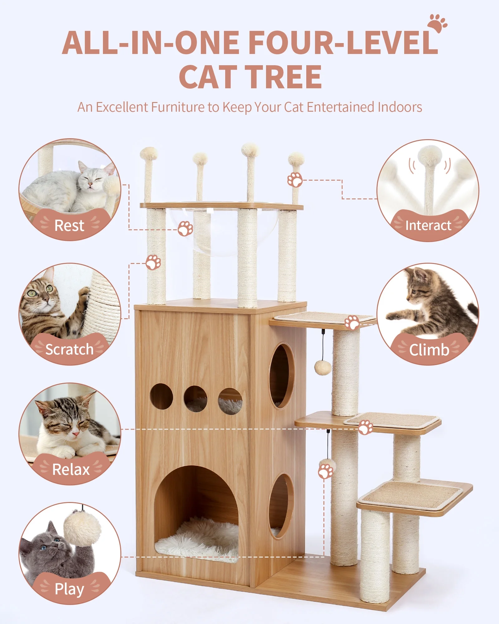 Made4Pets Modern Cat Tree for Large Cat, Wood Cat Tower Heavy Duty with Scratch Post for Indoor Big Cats, 51