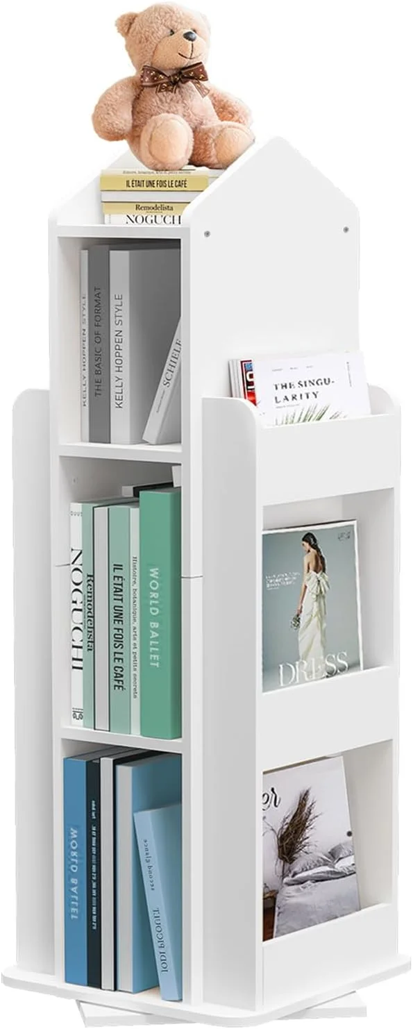 YILAN Rotating House Bookshelf 360° Rotating Kid's Bookcase 3 Tier Floor Standing Bookcase Wooden Children's Book Shelf for Home, White