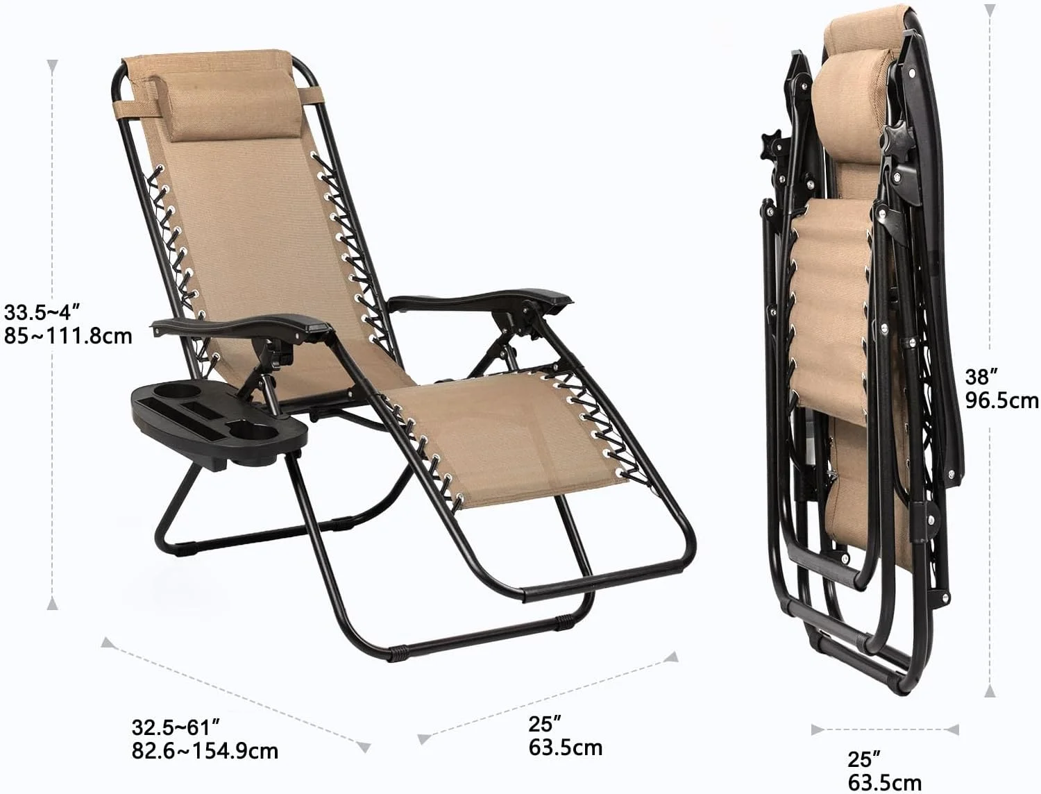 Set of 2 Relaxing Recliners Patio Chairs Adjustable Steel Mesh Zero Gravity Lounge Chair Beach Chairs with Pillow and Cup Holder Khaki (Kahki)