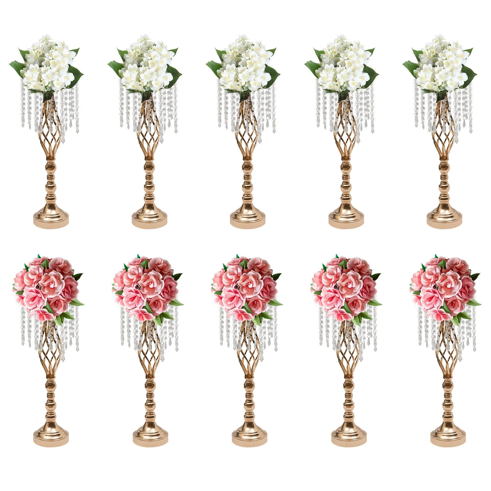 10PCS Crystal Flower Stands Vases 55cm Wedding Centerpieces Dining Table Gold