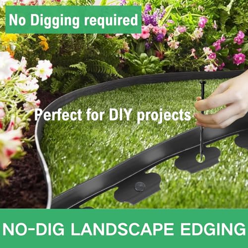 Landscape Edging Kit 2'' Tall, 33FT No-Dig Garden Edging with 30 Stakes, Garden Edging Border, 1PC Garden Hammer, Flexible Edging for Landscaping Garden Border Edging for Lawn, Yard(Black)
