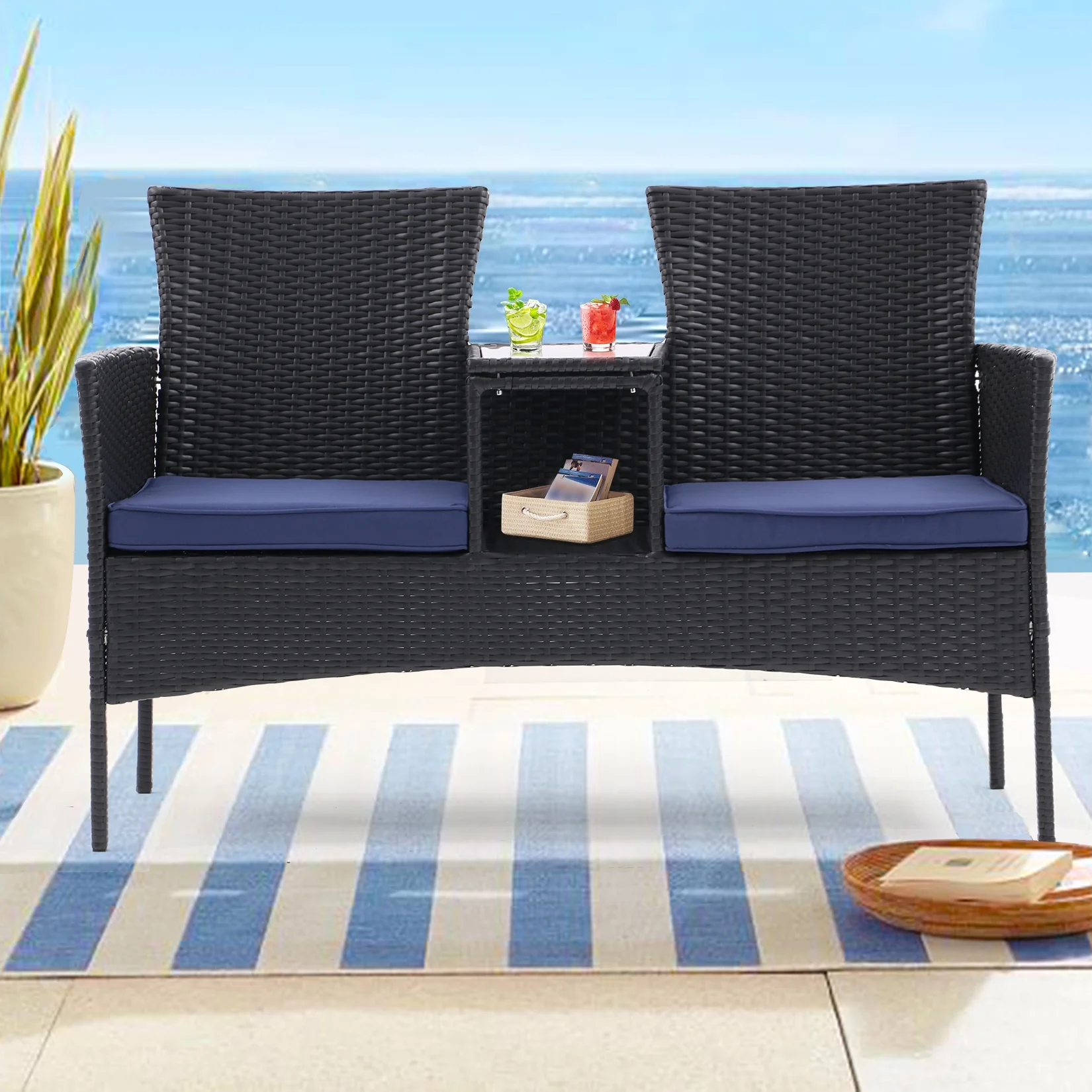 Al Fresco Outdoor Patio Rattan Loveseat with Cushions and Coffee Table, Weather Resistant 2 Seat Perfect for Garden, Lawn, and Backyard Leisure