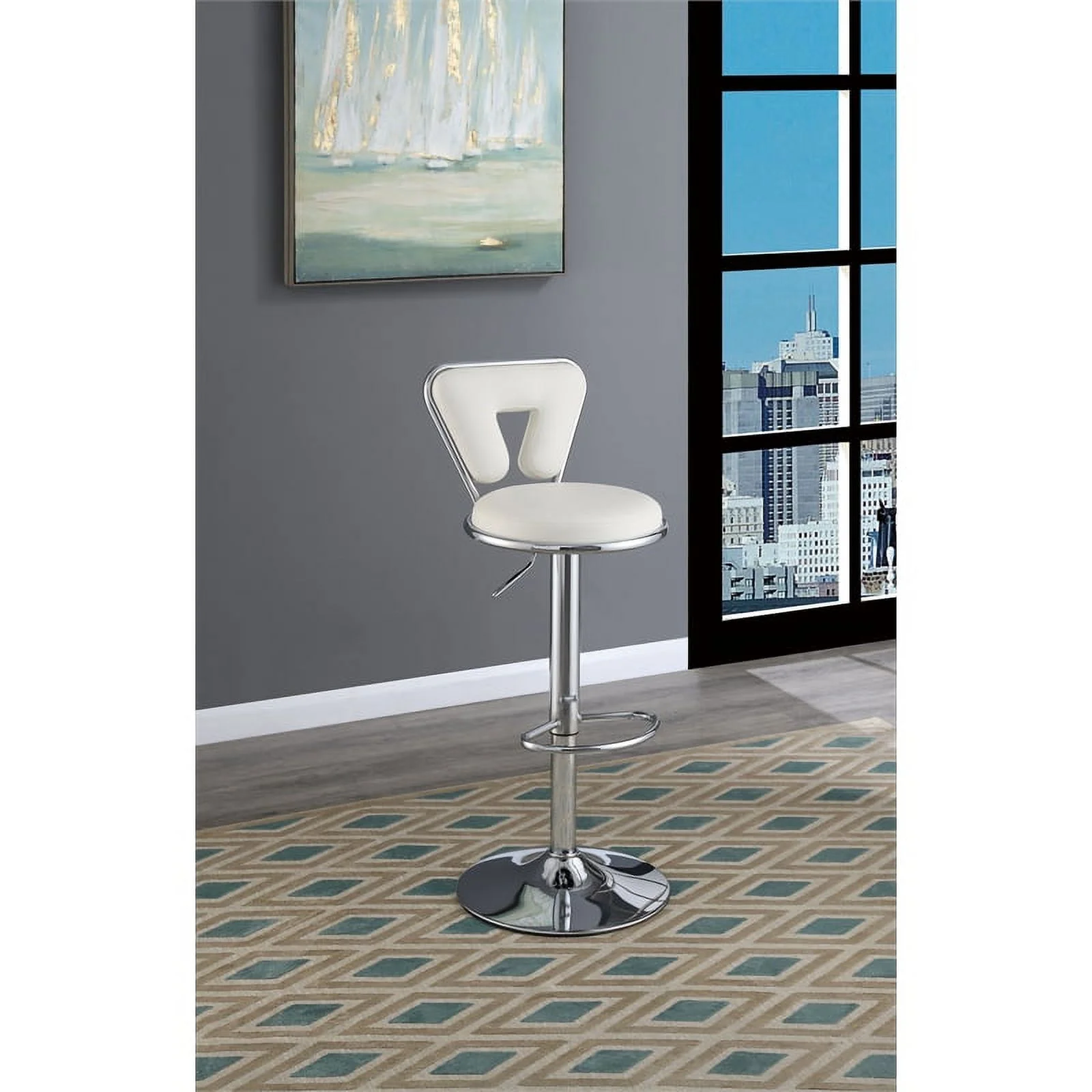 Poundex F1642 16 x 18 x 34-40 in. Adjustable Height & Swivel Barstool in White Faux Leather - Set of 2