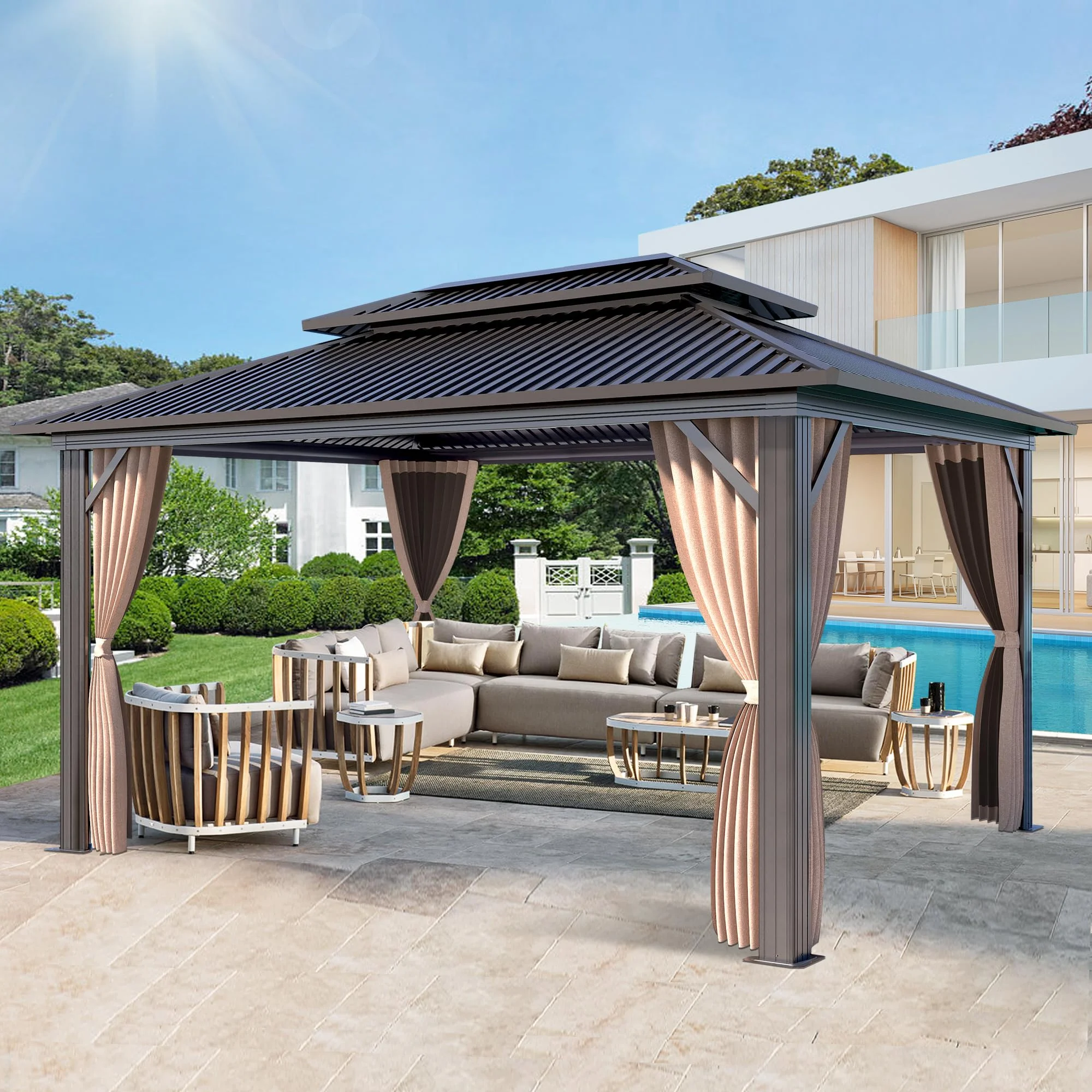 COVERONICS 12x16FT Outdoor Hardtop Gazebo with Double Roof - Heavy-Duty Galvanized Steel Hardtop Gazebo with Breathable Netting & Zipper Curtains for Patio, Porch, Garden, Lawn, Deck, Backyard