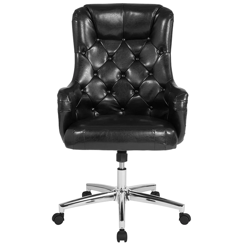 Diamond Patterned Button Tufted High Back Office Chair in Black LeatherSoft