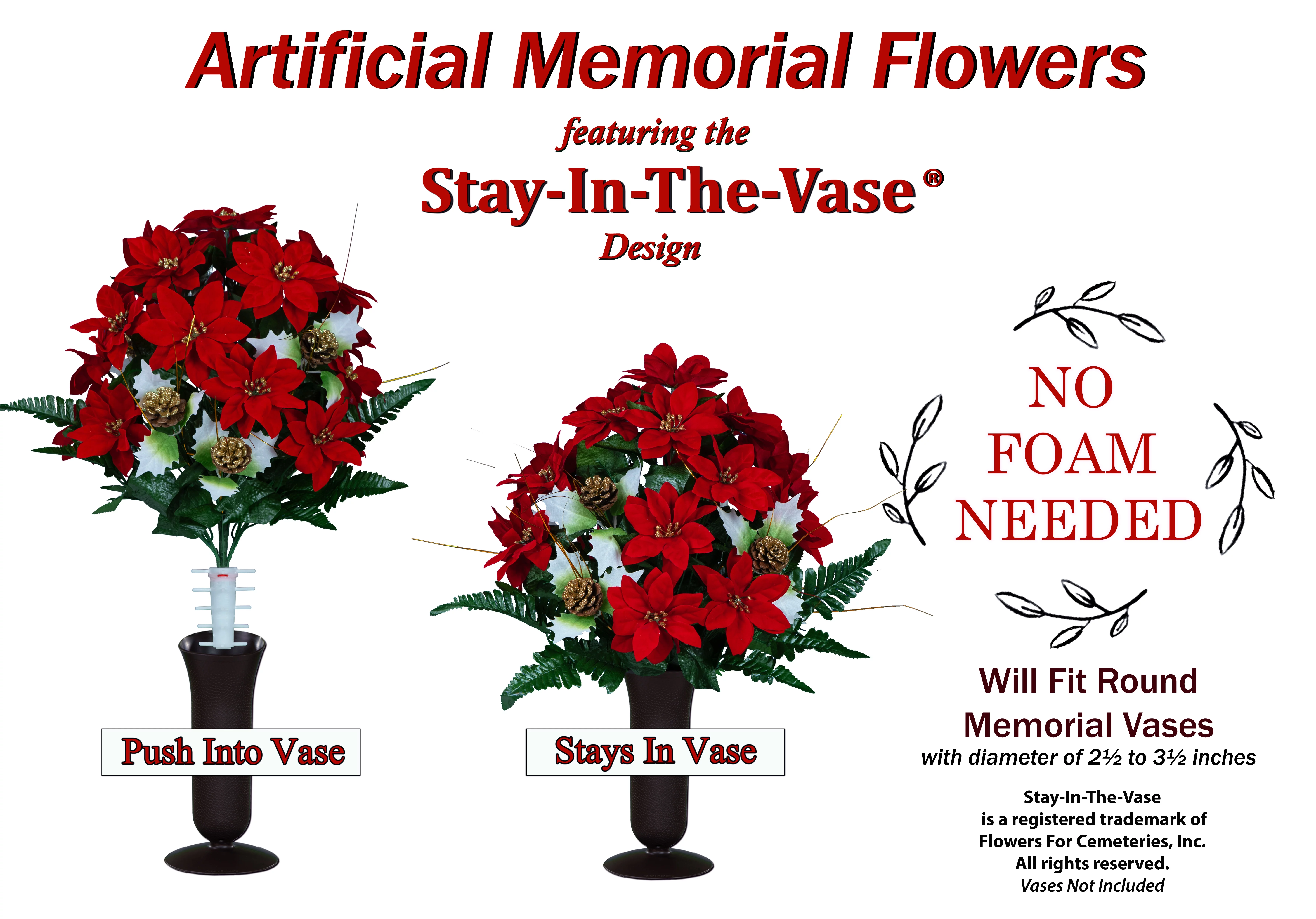 Sympathy Silks Artificial Cemetery Flowers Red Poinsettias with Glitter Pinecones and Holly Bouquet with Vase