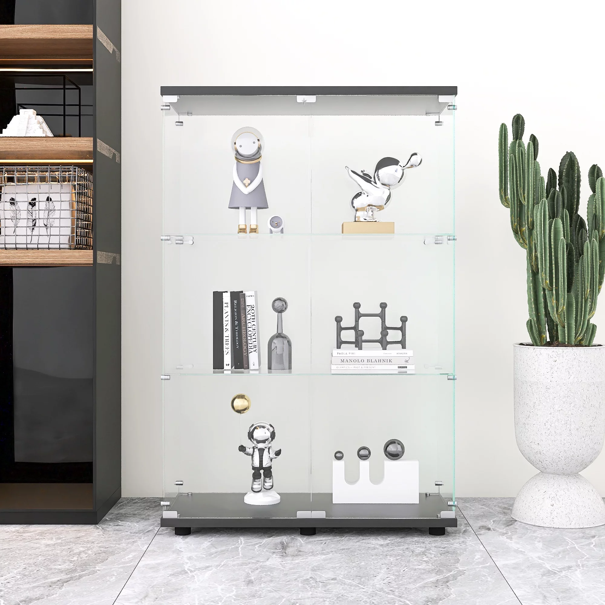 alemior Two-Door Glass Display Cabinet 3 Shelves with Door, Floor Standing Curio Bookshelf for Living Room Bedroom Office, 49.3