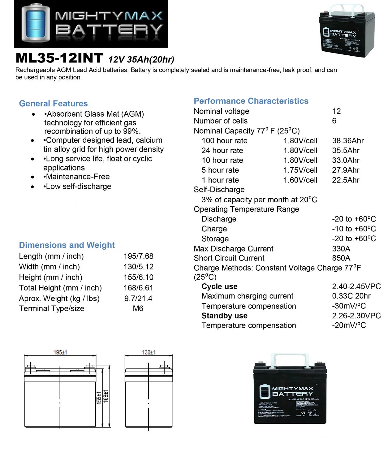 12V 35AH SLA Internal Thread Battery for INVACARE,FWD JR,POWER 9000
