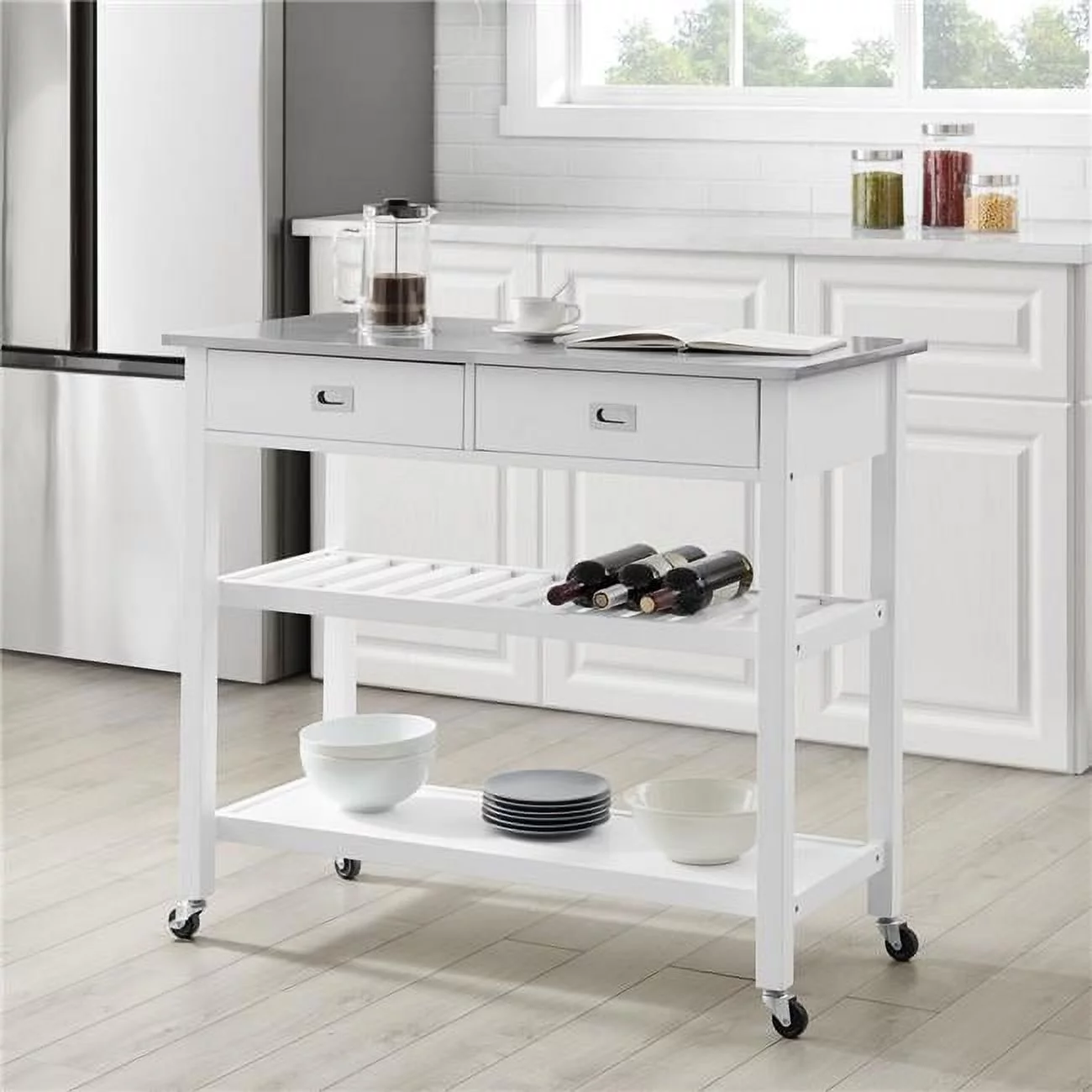 Crosley Furniture  Stainless Steel Top Kitchen Island & Cart, White & Stainless Steel