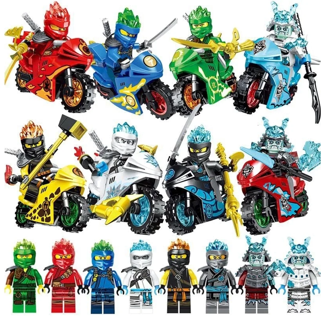 8 Pcs Ninjago Minifigures Building Blocks Set, 1.77 inch Anime Ninjago Movies Characters Action Figures with Motorcycle Collectible Ninja Toys Christmas Decor for Boys Girls