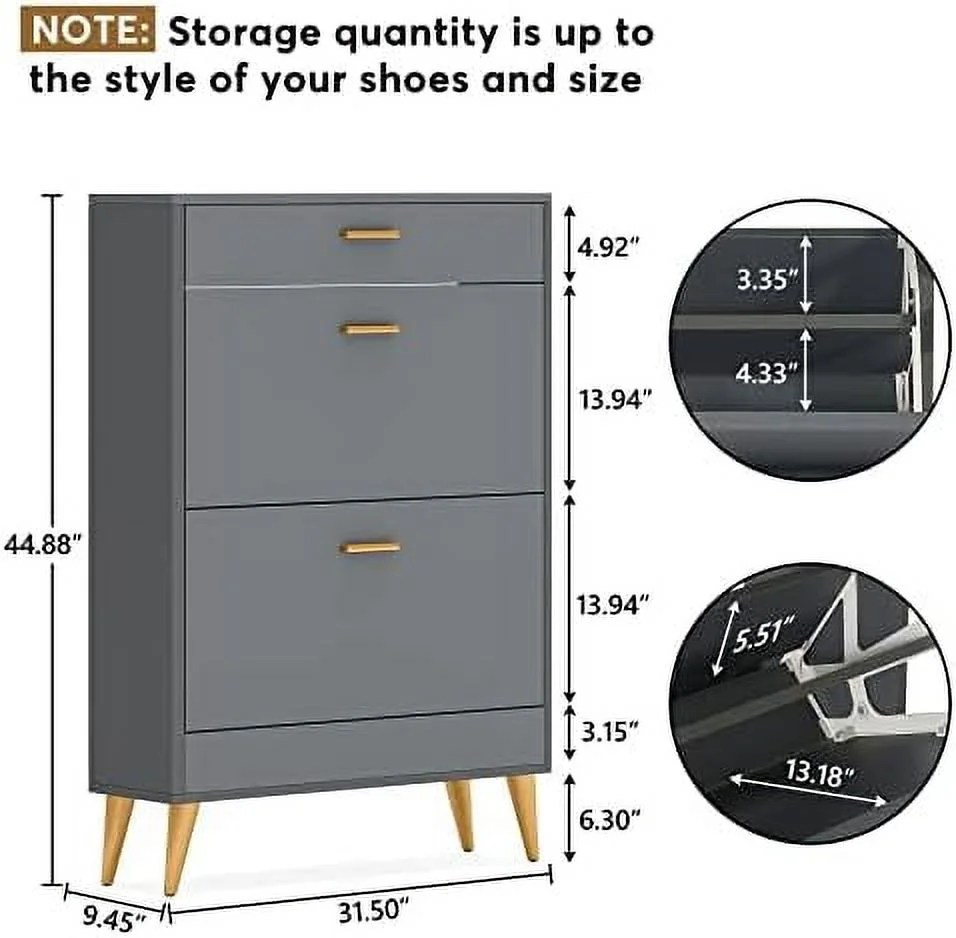 JDZHAPPYLIFE Shoe Cabinet  White Shoe  Cabinet with 2 Flip Doors and Drawer  Modern Narrow Shoe Organizer Rack for Entryway  Closet (Wood + White)
