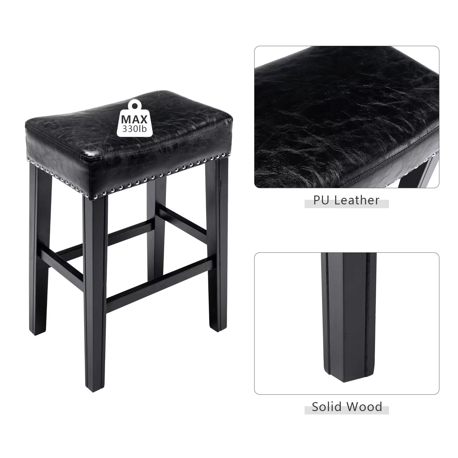 Sweiko Faux Leather Bar Stool Set of 2 with Saddle Seat Counter Height Kitchen Chair with Nailhead Backless Padded Dining Chair with Footrest for Home Kitchen Island Pub Restaurant 26