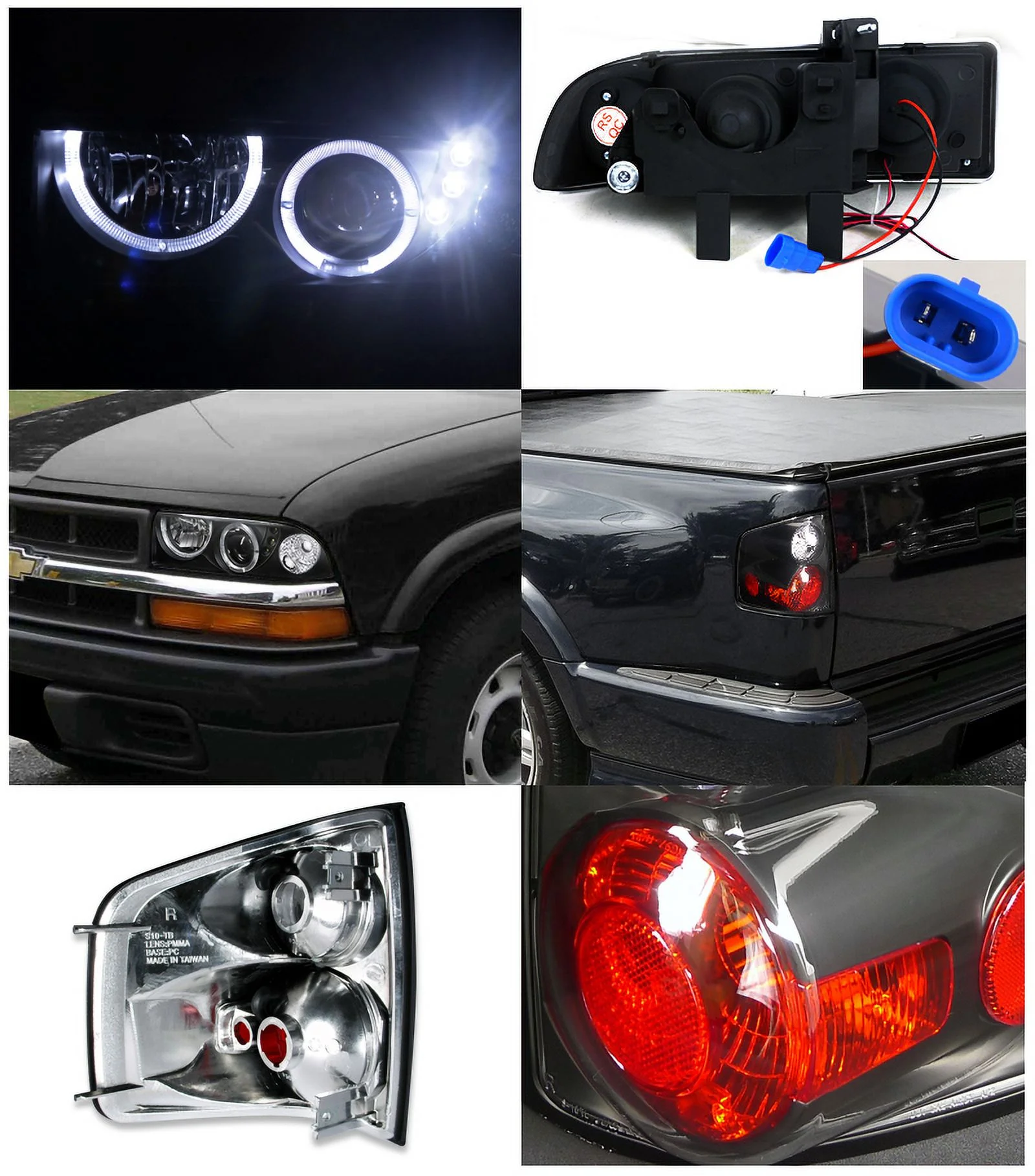 Spec-D Tuning Halo Black Projector Headlights + Black LED Fog Lamps Compatible with Chevy S10 LS ZR2 Pick Up Left + Right Pair Headlamps Assembly