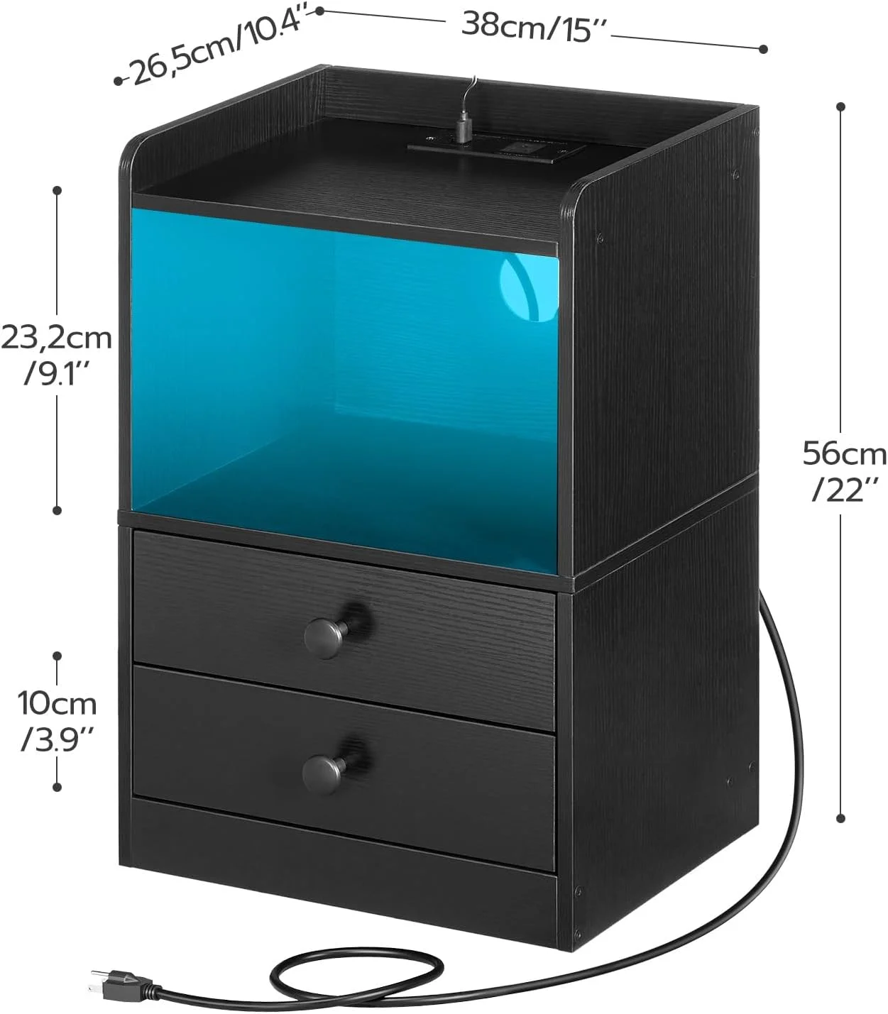 HOOBRO Set of 2 Nightstand with Charging Station and LED Light Strip Side Table with 2 Drawers Bedroom Cloakroom Black BK28UDBZP201