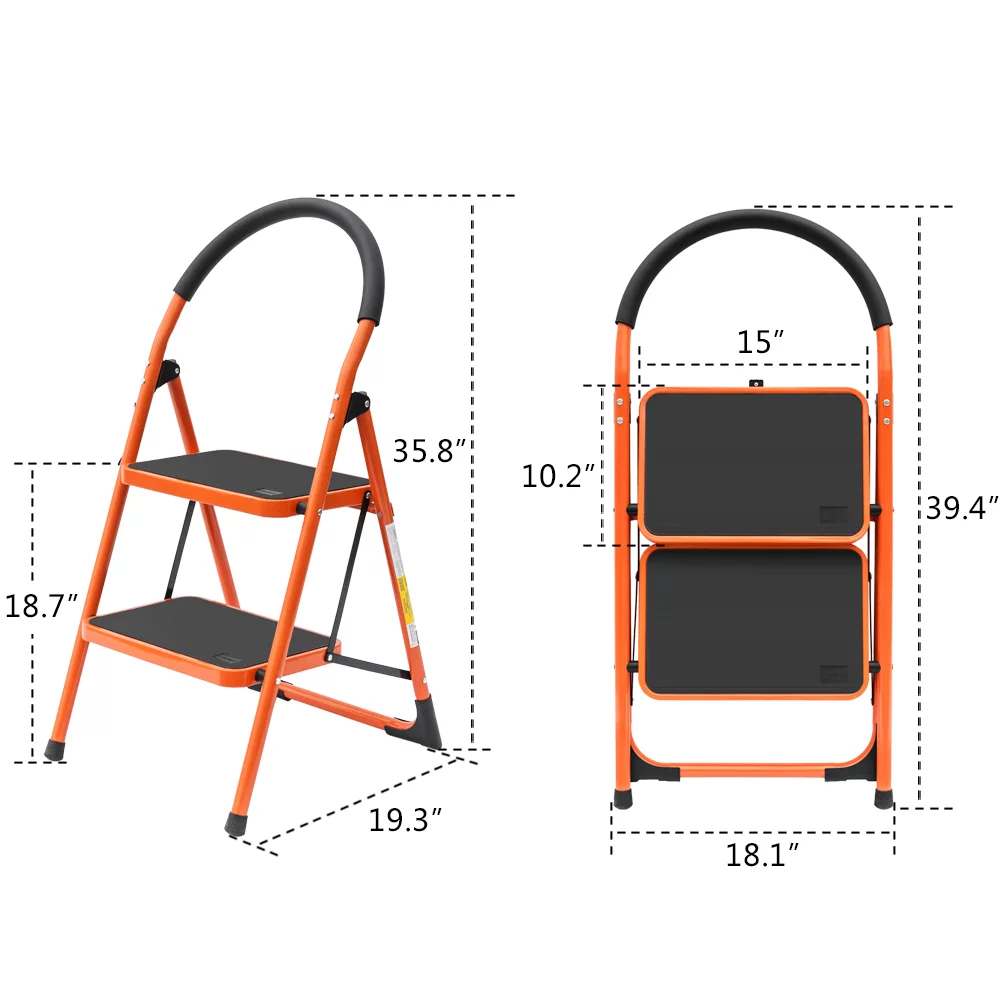 LUISLADDERS Step Ladder 2 Step Folding Stool Ladder Lightweight with Handrails Anti-Slip Wide Pedal 330 lb