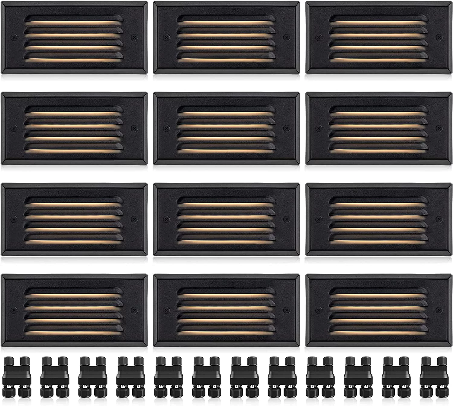 HAOFEI LED Low Voltage Step Lights Outdoor Step Lights 5W 3000k Low Voltage Deck Lights with Horizontal Louver Faceplate Deck Stair Lights for Steps Stairs Fence Fastlock2 Connectors Included 12 Pack