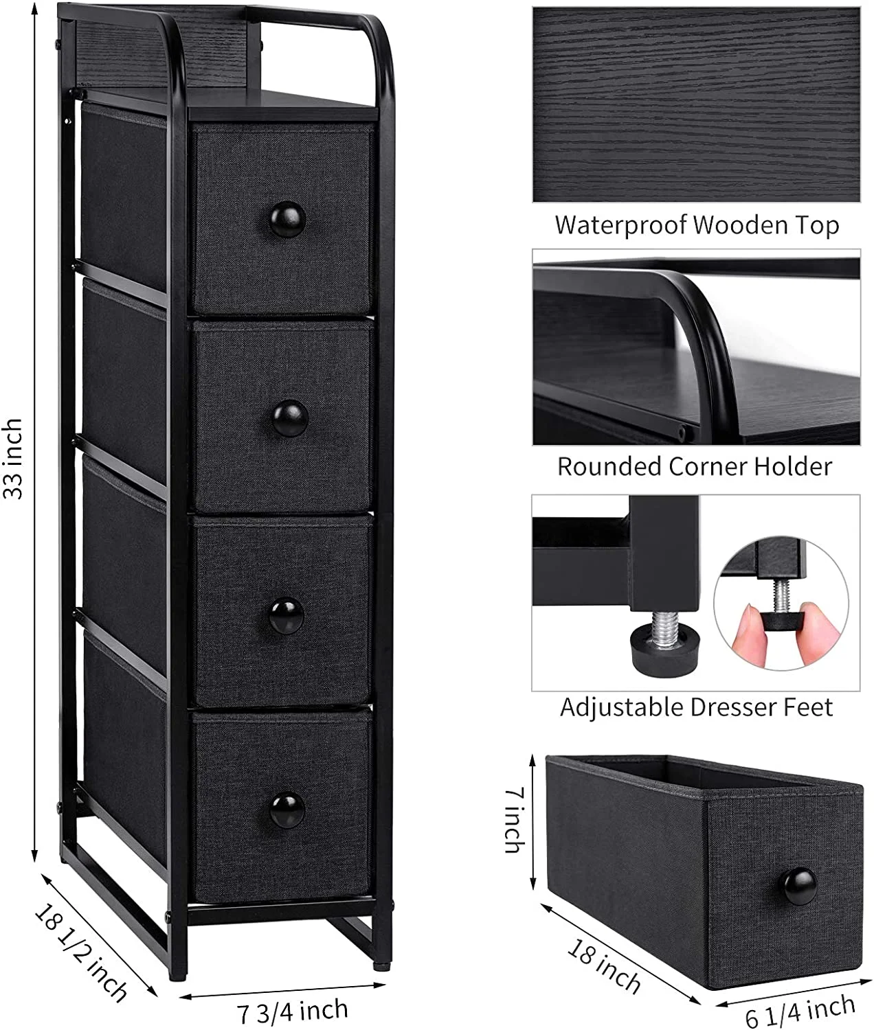 REAHOME 4 Drawer Narrow Dresser Storage 4 Tier Organizer Tower Unit Vertical Sturdy Steel Frame Removable Wooden Top for Bedroom Closets Hallway Entryway Laundry Room YLZ4B3…