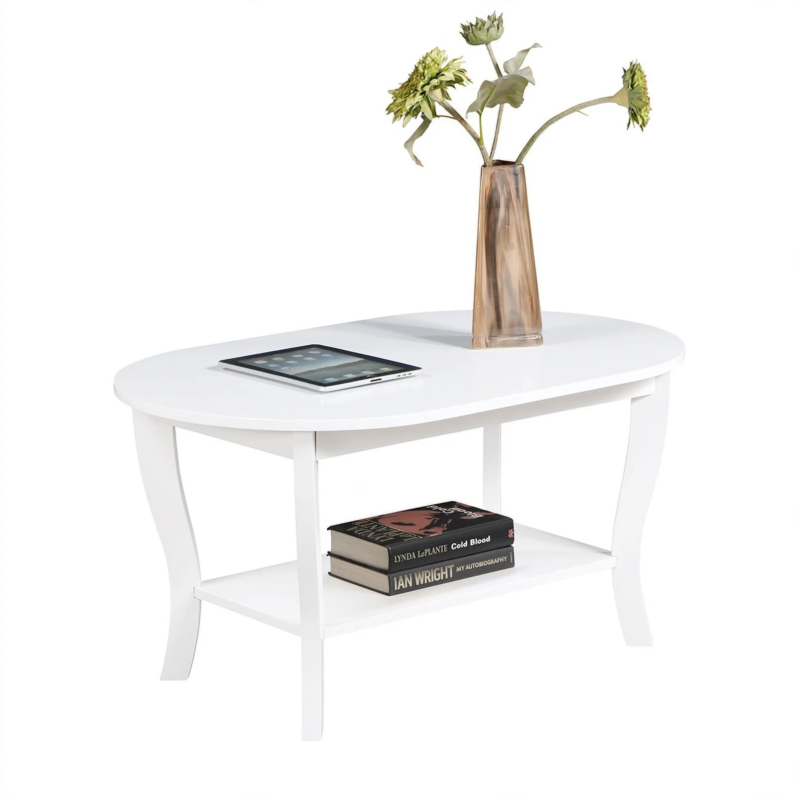 Pemberly Row Oval Coffee Table with Shelf in White Wood Finish