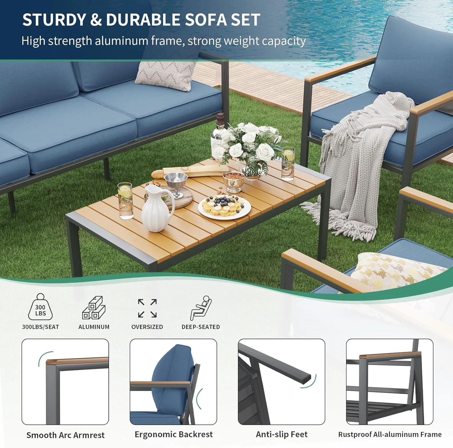 UDPATIO Aluminum Patio Furniture Set, Modern Metal Outdoor Patio Furniture, 6 Pcs Patio Conversation Sets with Wood Top Armrest & Table for Poolside, Deck, Black&blue (Included Waterproof Covers)