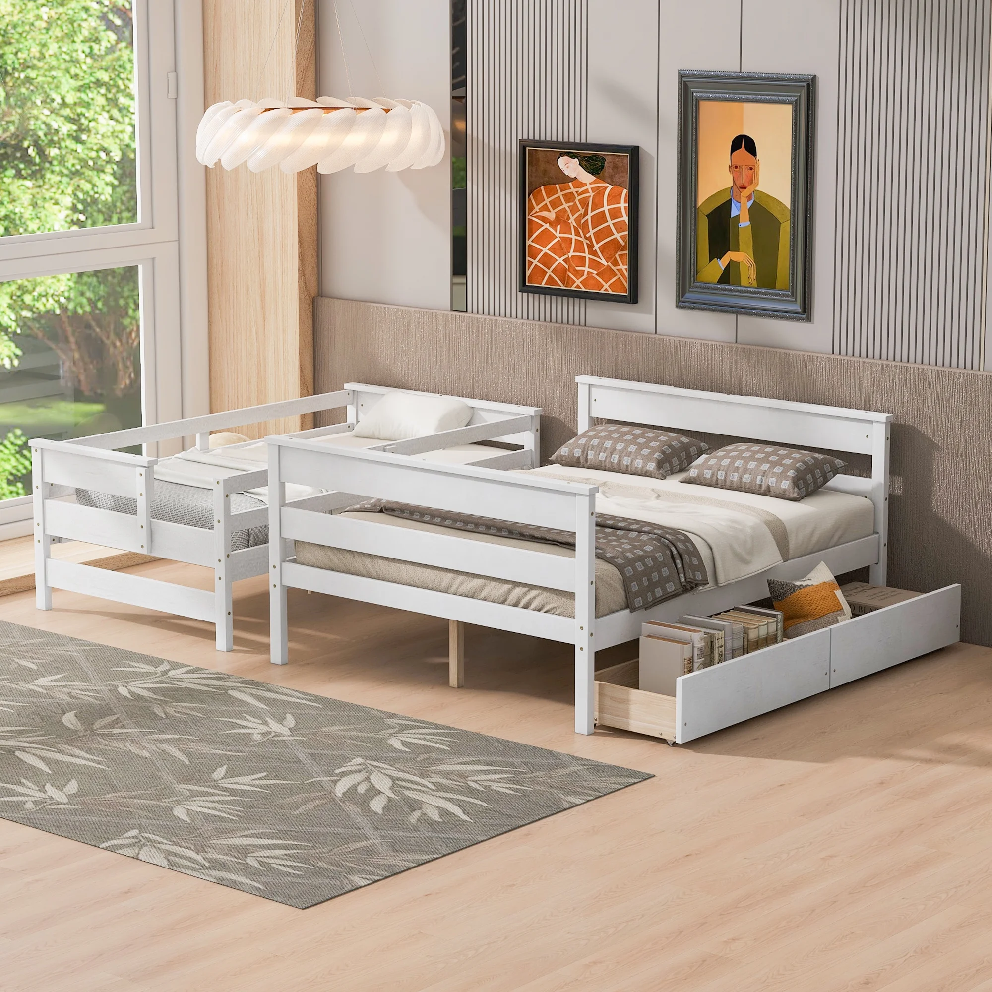 CoSoTower Wood Twin Over Full Bunk Bed with 2 Drawers, White