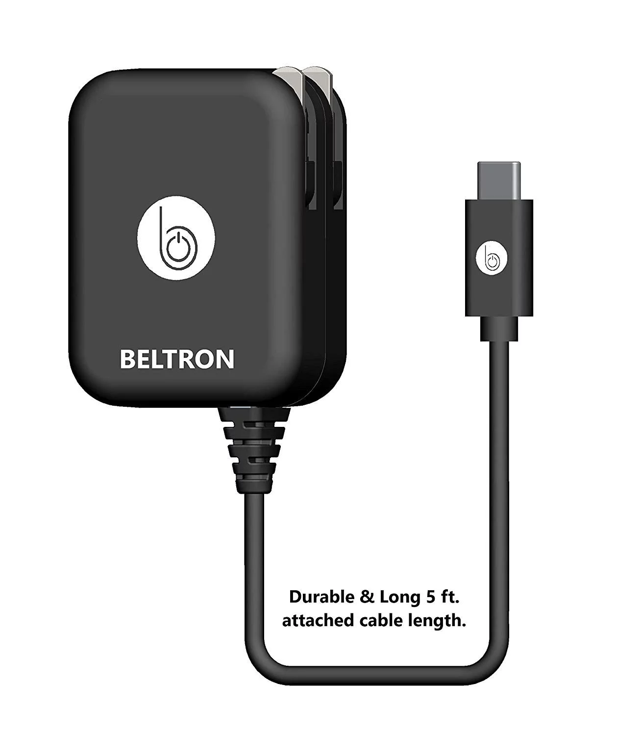 BELTRON Turbo Fast USB-C/Type C USB Wall Charger 5V / 3 AMP 30W with Built-in Cable Compatible with: iPad Pro 3rd Generation, S10e, S10, S10 Plus & All Type C USB Devices - Intertek ETL Certified