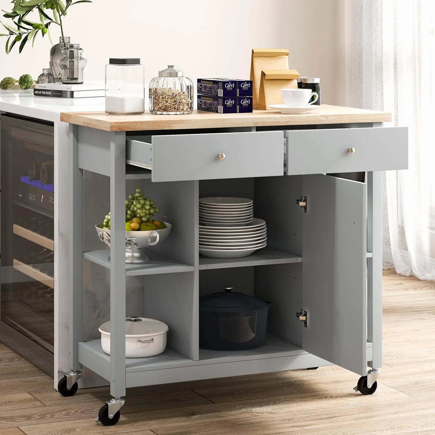 TQJKLFDY Kitchen Island on Wheels  Rolling Kitchen Serving Cart with 2 Drawers  4 Open Shelves & Adjustable   3-Tier Kitchen Cart with Rubber Wood Top for Home Kitchen & Coffee