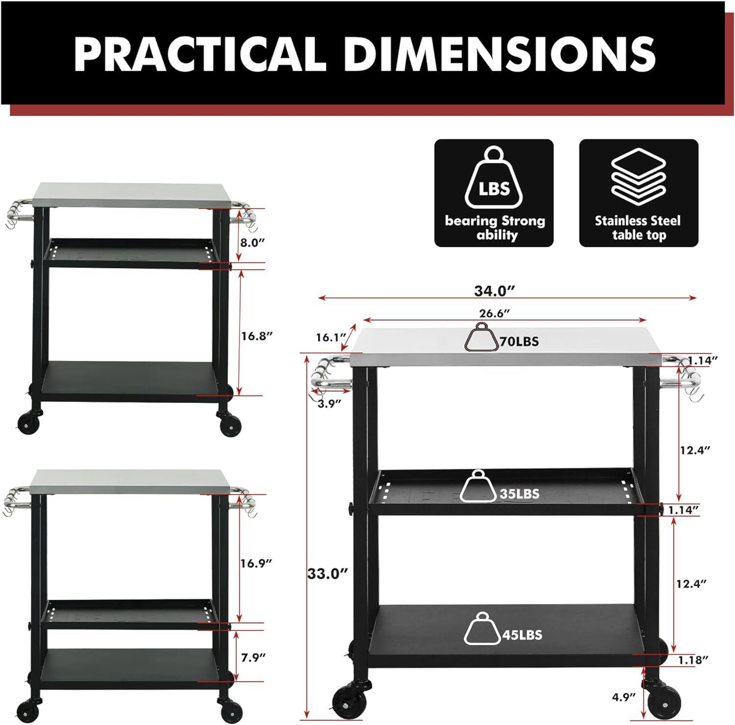 3-Shelf Adjustable Layer’s Indoor&Outdoor Grill Table,Movable Work Table,Grill Cart,Outdoor Cooking Table,Grill Table for Outside,Outdoor Bar Cart with Wheels,Stainless Steel Tabletop,L34xW16.1