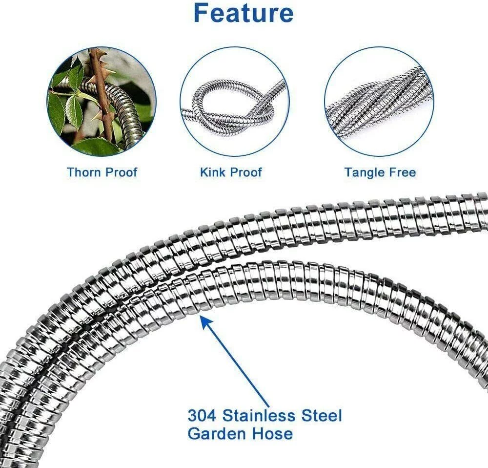 50FT 304 Stainless Steel Metal Garden Water Hose Flexible Patio Home with 6 Spray Nozzle Patterns