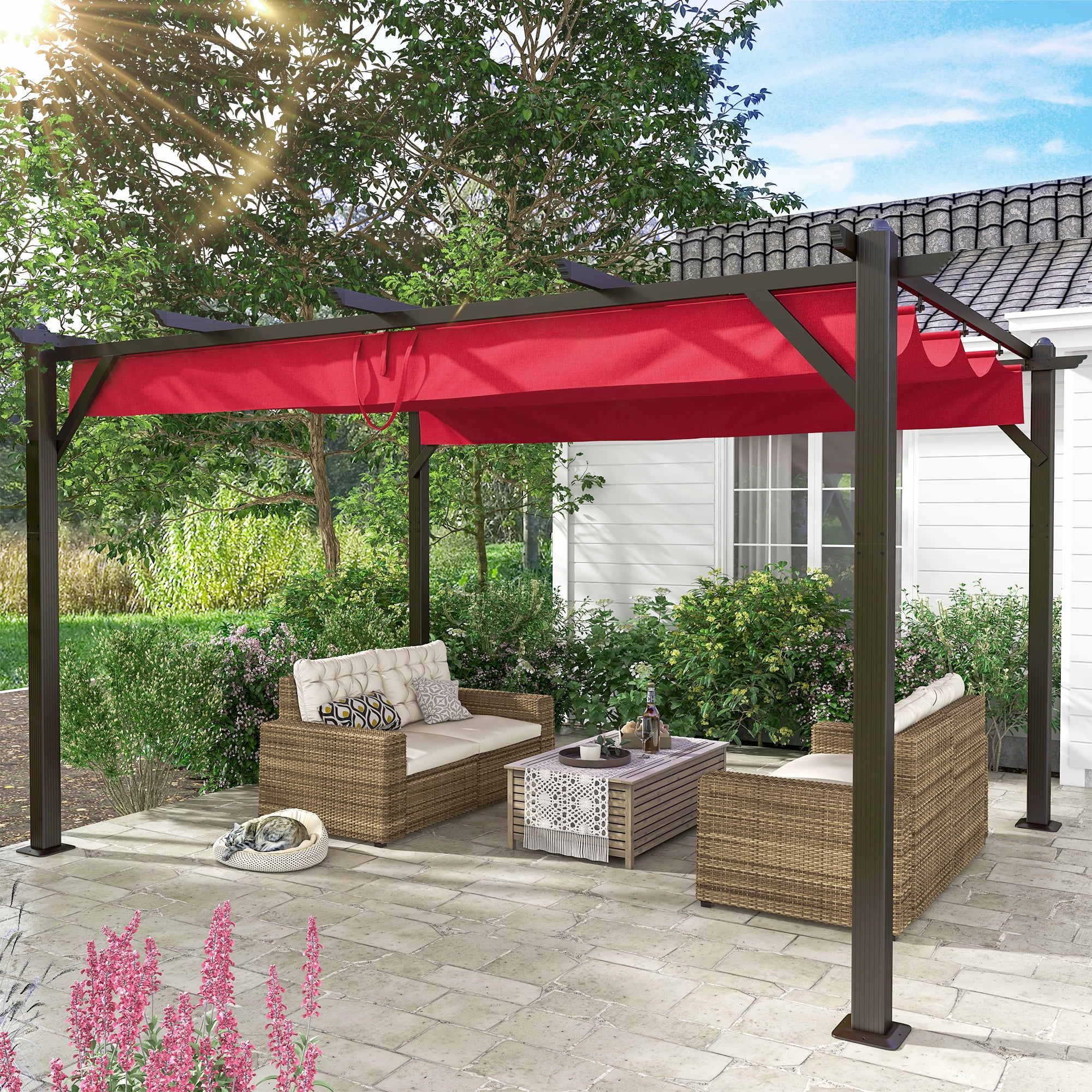 HOMREST 10x13 Outdoor Pergola with Retractable Canopy, Patio Aluminum Pergola Shade for Grill Gazebo Garden Backyard, Wine Red