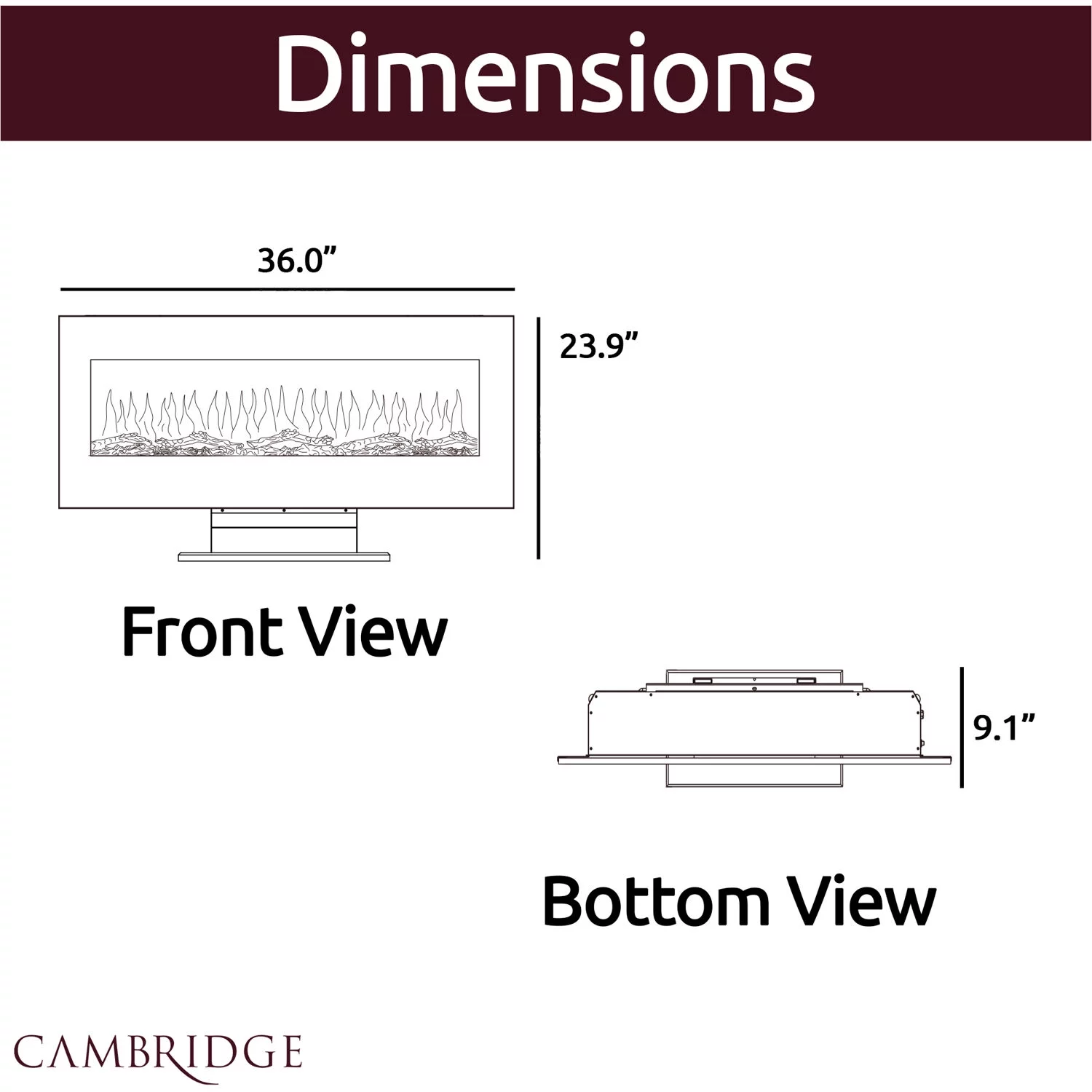 Cambridge 36 In. Electric Wall Mounted Fireplace Heater with Flame Crystal Rock Display, Adjustable Heat, Remote, in Stainless Steel Finish - CAM36WMEF-1SS