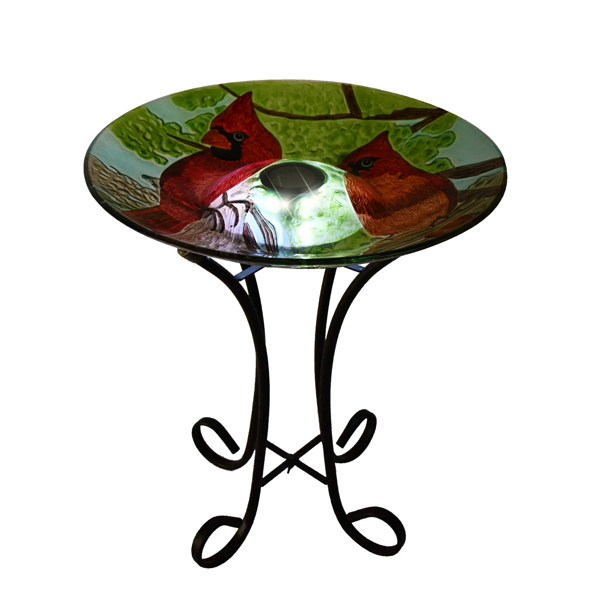 Hi-Line Gift Solar Led Floral Glass Bird Bath with Stand - Cardinal
