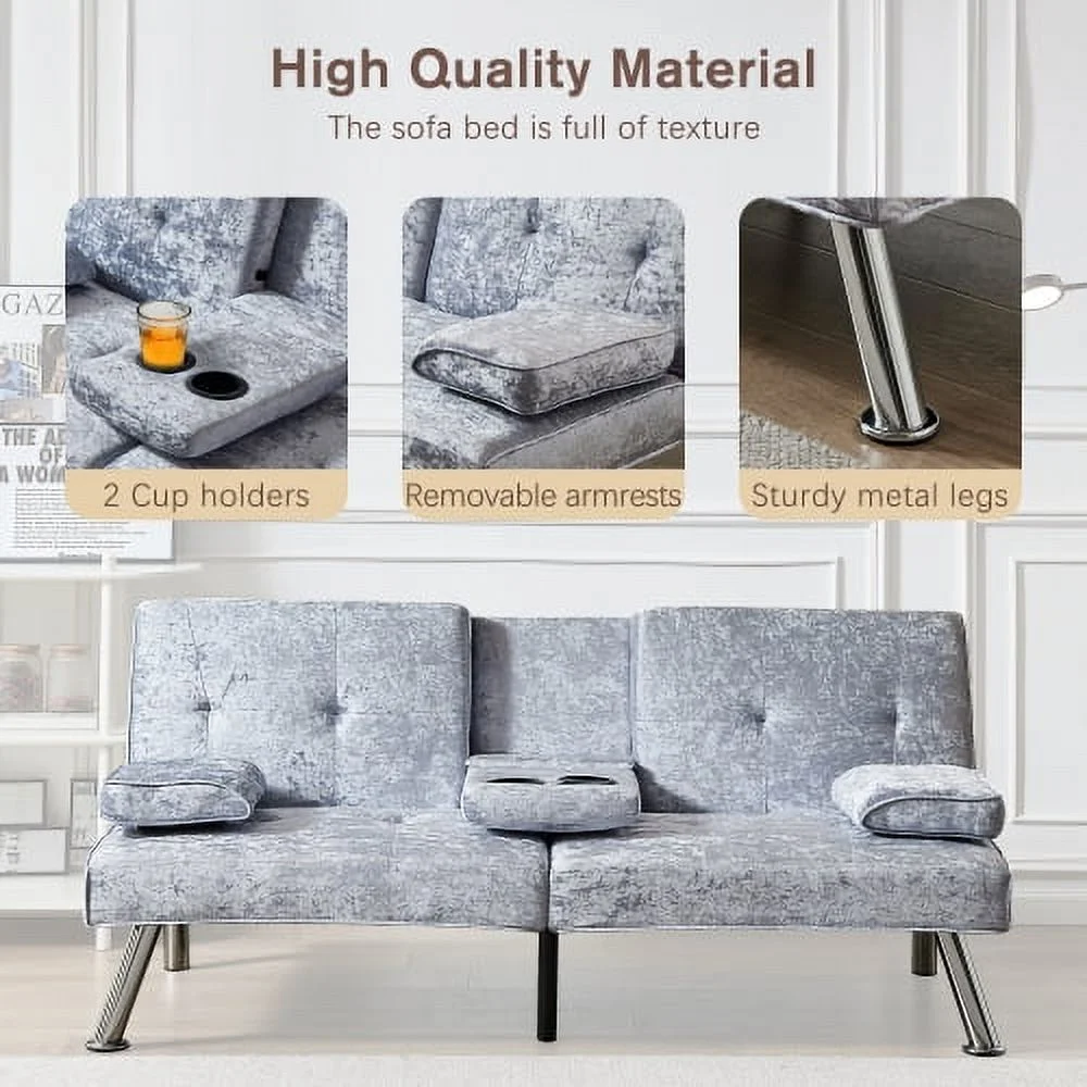 DremFaryoyo Convertible Sofa Bed Adjustable Couch Sleeper Modern Faux Leather Recliner Reversible Loveseat Folding Daybed Guest Bed  Removable Armrests  Cup Holders  3 Angles    Gray