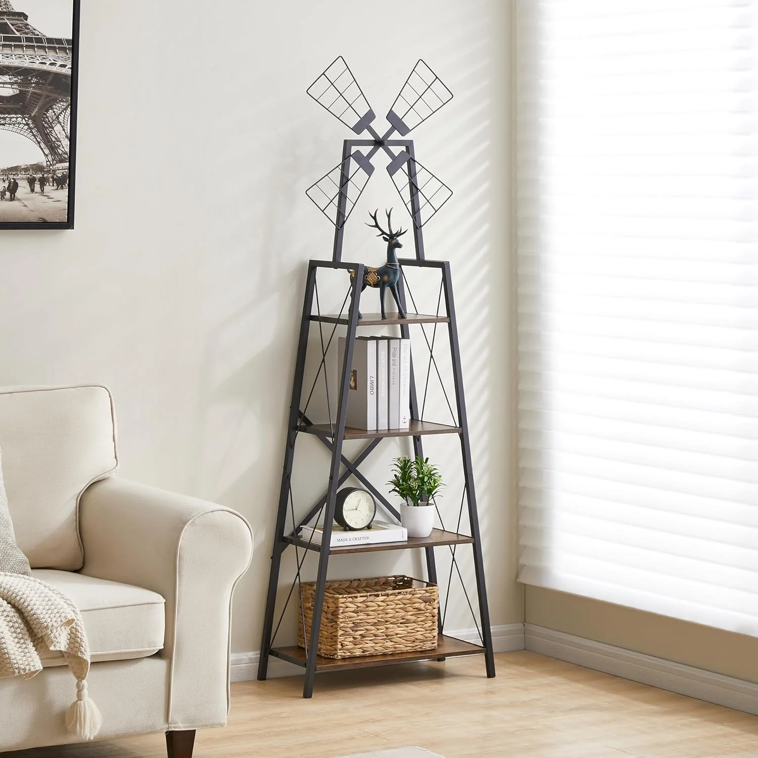 4 Tier Ladder Bookshelf, Wood Bookcase Storage Shelves with Metal Frame, Modern Bookcase, Bookcase for Home Office, Book Shelf Organizer for Living Room,Bedroom, Kitchen, Rustic Brown