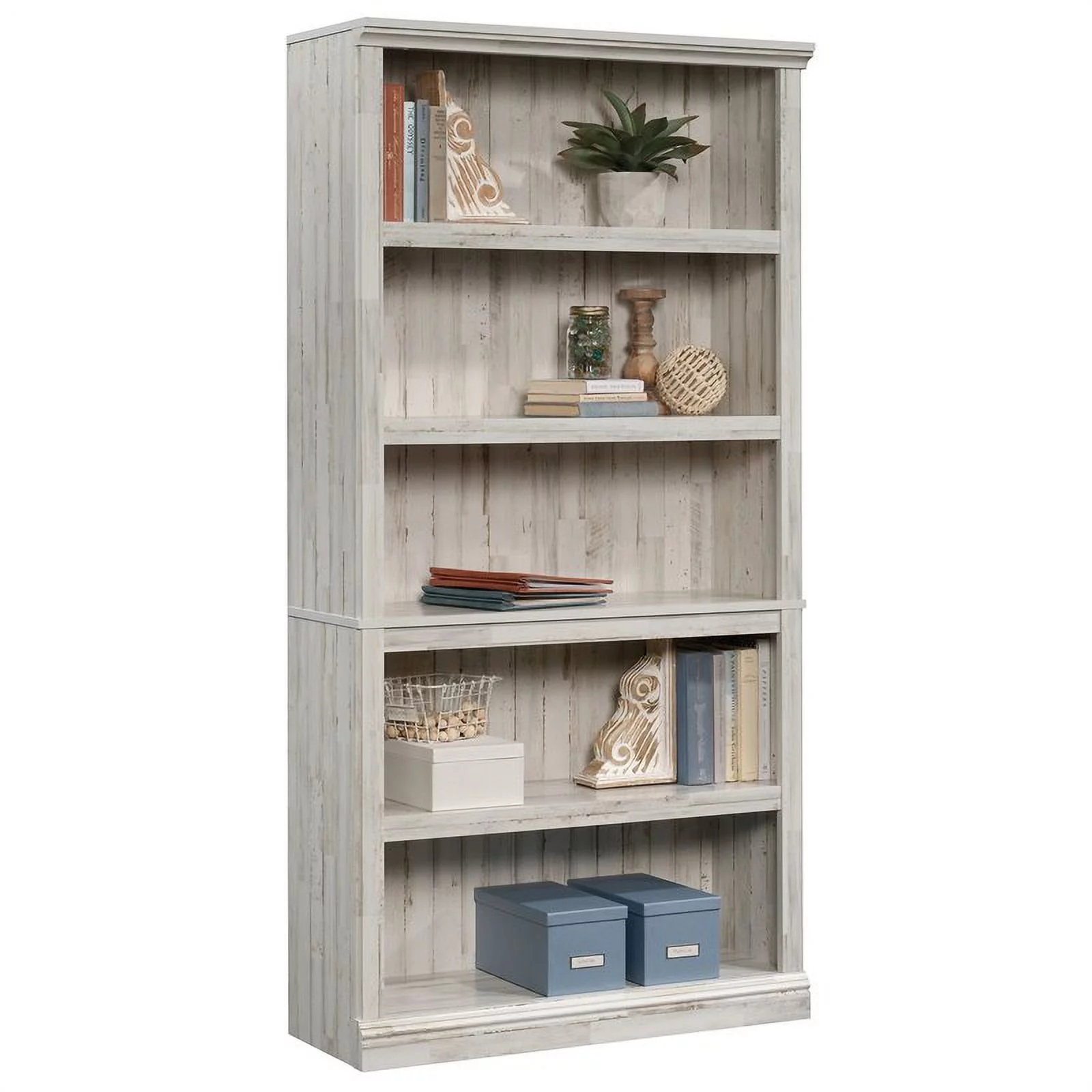 Pemberly Row 5-Shelf Modern Engineered Wood Bookcase in White Plank