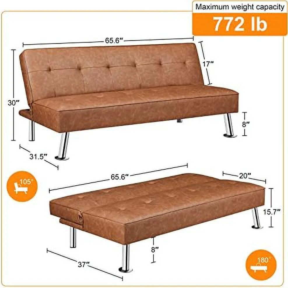 RSJIWOGZ Convertible Sofa Couch Futon Bed Faux Leather Sofa Bed Sleeper Adjustable Loveseat Futon Couch Living Room  with Chrome Metal Legs  Brown