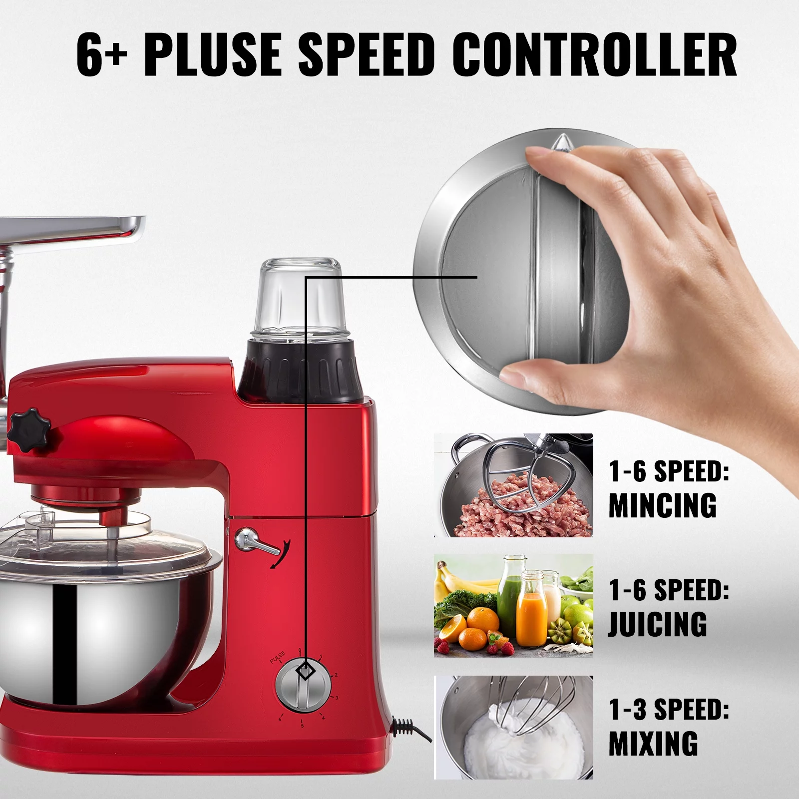 VEVORbrand 4 in 1 Stand Mixer 1000W Multifunctional Electric Kitchen Mixer 6-Speed Meat Grinder Juice Blender with 5.3qt Stainless Steel Bowl, Hook, Whisk and Beater Tilt-Head Dough Machine, Red