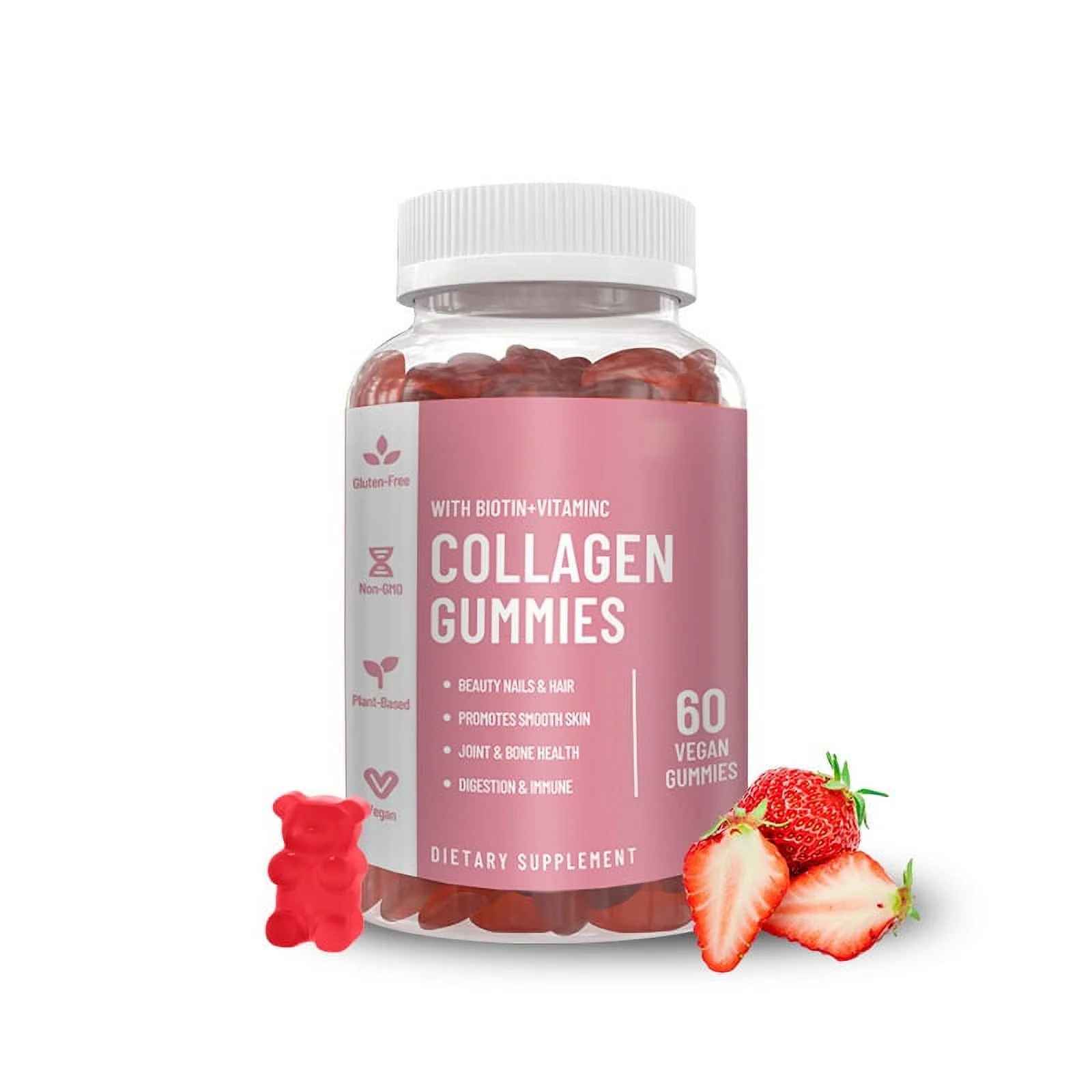 Collagen Gummies for Women, Hydrolyzed Collagen Peptides Gummies with Biotin and Vitamin C, E, Strawberry Flavor, Supports Healthy Hair, Skin and Nails, 60 Vegan Gummies