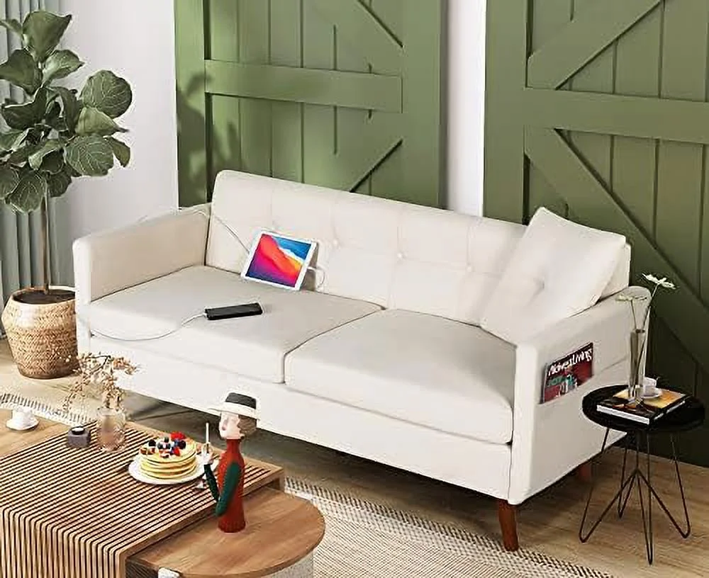 YPDCHB Mid-Century Modern Button Tufted Upholstered Sofa Couch w/ 2 USB Charging Ports  Fabric Love Seats for Small Space  Living Room  Apartment  Bedroom  Office  Dorm  65" (Cream Be