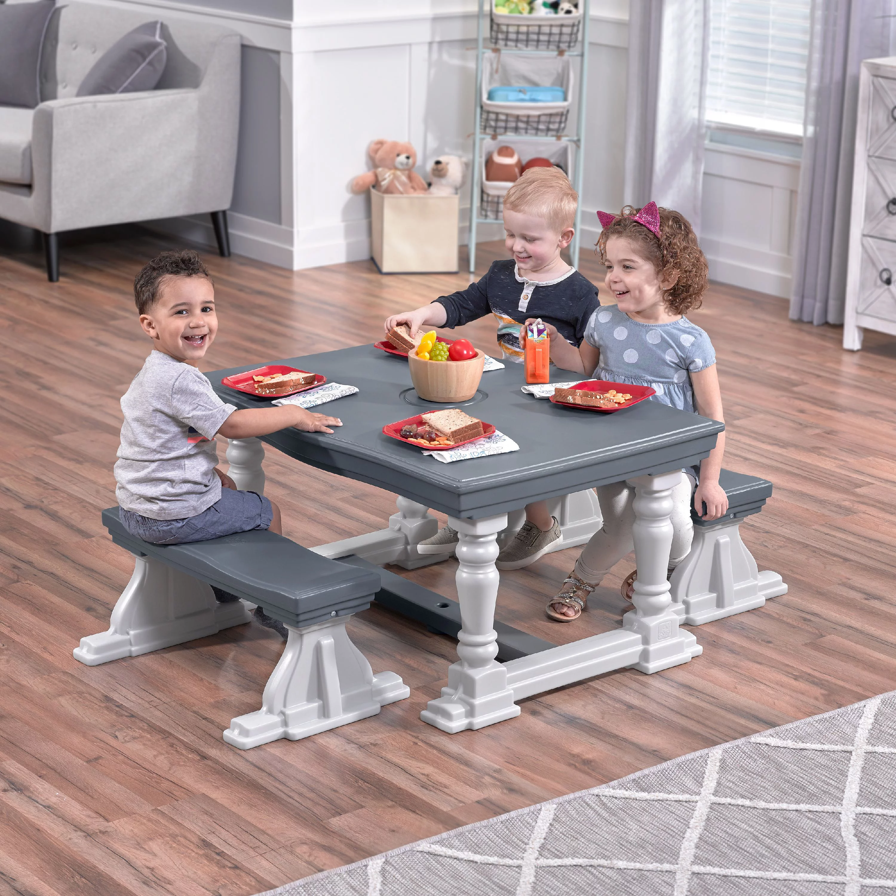 Step2 3-Piece Gray Farmhouse Table And Bench Set Seats Four Children
