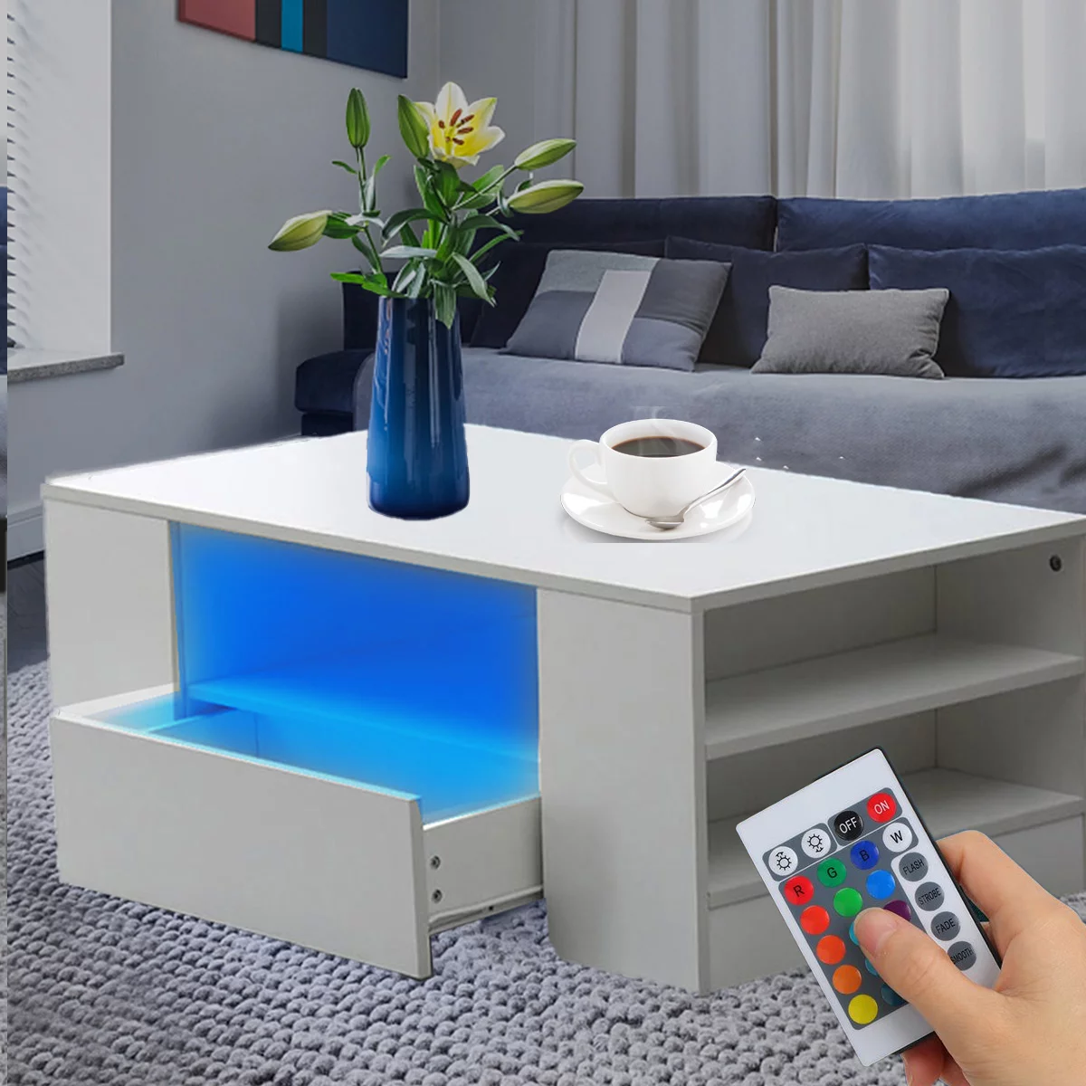 Wood Coffee Table with Storage Drawers & LED, Remote Control 16 Colors Light, White