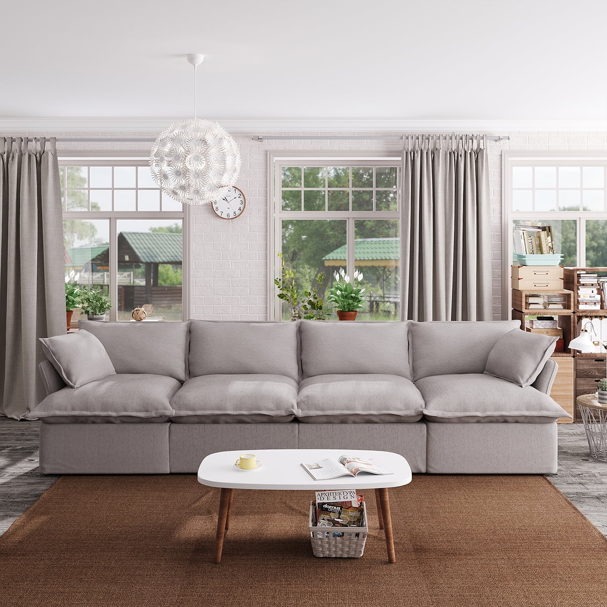 Indecor Home Sectional Sofa 4 Seater Convertible Couch Linen Blend Sofa Set for Living Room Furniture Gray